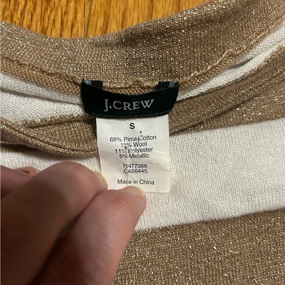 J Crew Metallic Gold White Wide Stripe Roll Tab LS Tee Pima Cotton Wool Size Sm - Picture 7 of 7